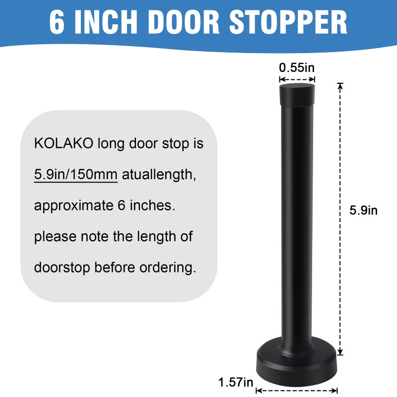KOLAKO Door Stops, 6 Inch Door Stopper, Wall Mount, Brushed Stainless Steel Extra Long Doorstops with Sound Dampening Rubber Tip Bumper Modern Black Long Doors Stoppers for Bottom of Doors - Image 2